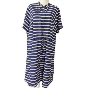 Lands End Womens Striped Dress 1X Blue White Drawstring Waist Rayon Blend Pocket